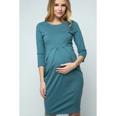 3/4 Sleeve Round Neck Front Pleat Maternity Dress Fitted Long Sleeve Nursing-friendly Dress, Fitted Long Sleeve Nursing Friendly Dress, Spring Long Sleeve Bump Friendly Dress, Blue 3/4 Sleeve Dresses For Fall, Blue 3/4 Sleeve Dress For Fall, Blue Long Sleeve Maternity Dress For Spring, Spring Blue Nursing-friendly Dress, Blue Fitted Maternity Dress Bump Friendly, Spring Blue Nursing Friendly Dress