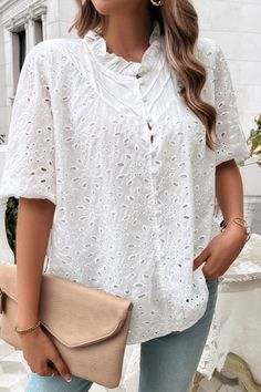 Super cute eyelet babydoll blouse with ruffle detail at neckline, buttons accented. Half balloon sleeves Color: White Sizes: S-M-L Bust 38-40-42, Length 25 100% Polyester, Lining 100% Viscose, machine wash cold, imported White Ruffle Blouse, Fall Winter Jacket, Babydoll Blouse, Lace Short Sleeve Top, Fall Denim, Lace Short, Plus Size Pants, Black Long Sleeve Dress, Long Black Dress