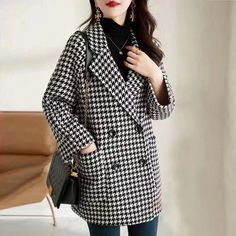 Double Breasted Woolen Luxury Plaid Coats – 4Colordress Woolen Coat Woman, Casual Suit Jacket, Winter Overcoat, Middle Age Fashion, Long Coat Women, Plaid Outfits, Women Overcoat, Houndstooth Blazer, Plaid Coat