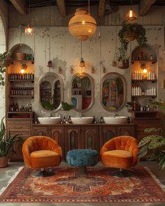 two orange chairs sitting on top of a rug in front of a sink and mirror