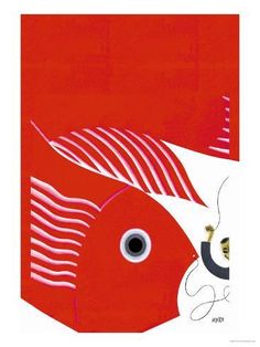 a red fish with white stripes on it's body and head is shown in the center of this image