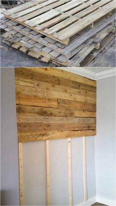 some wood pallets that are being used to make a headboard for a bed