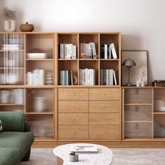 a living room filled with furniture and bookshelves