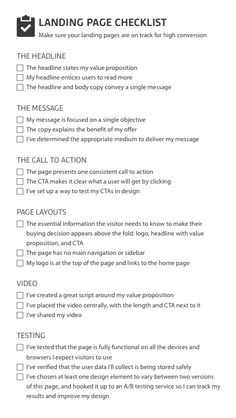 a checklist with the words landing page checklist written in black and white on it