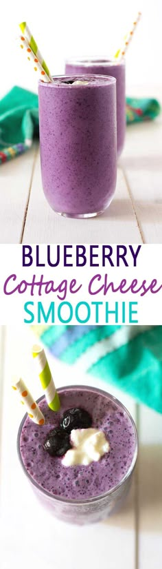 blueberry cottage cheese smoothie in a glass with strawberries on the side and another photo