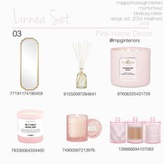 pink home decor items are displayed on a white background with gold trimmings and candles