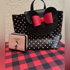 A Lightly Used Minnie Mouse Backpack Purse With Matching Wallet Cute Black Wallet For Daily Use, Cute Black Leather Bag, Kate Spade Black Backpack With Removable Pouch, Kate Spade Bag With Removable Pouch As Gift, Kate Spade Bags With Removable Pouch As Gift, Kate Spade Pink Bag For Gift, Pink Kate Spade Bag As A Gift, Pink Kate Spade Bag As Gift, Kate Spade Black Backpack