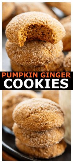 pumpkin ginger cookies stacked on top of each other with the words, pumpkin ginger cookies