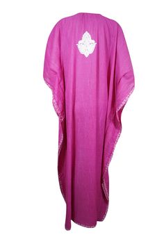 Women's Kaftan Maxi Dress, Ruby Pink Embroidered Caftans L-2XL Kaftans make great gifts and are super cute for a destination beach wedding or as a boho dress for the rehearsal dinner.These feminine, flowy, beautiful, long, colorful maxi dresses are wonderful coverups or day dresses. One size that fits all, caftans are great as hostess dresses, resort wear. Kashmiri Crewel traditional hand embroideredCotton Fabric Relaxed fit, multiple uses.Measurement : Length : 56" chest : 54 inch, One size fit Pink Bohemian Long Thobe, Festive Pink Kaftan For Beach, Festive Pink Beach Kaftan, Festive Beach Pink Kaftan, Pink Short Sleeve Kaftan, Pink Embroidered Kaftan For Beach, Embroidered Pink Kaftan For Beach, Pink Embroidered Kaftan For Festivals, Long Embroidered Free Size Kaftan