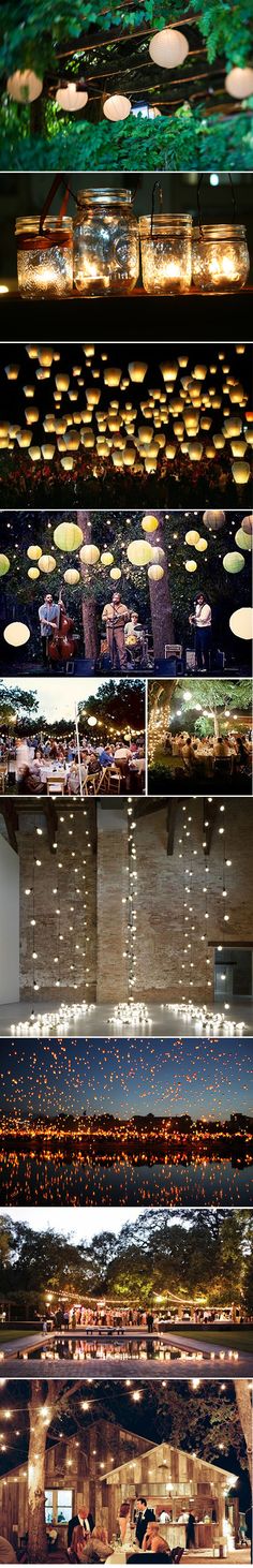 several images of the inside of a building with lights reflecting in water and buildings on both sides