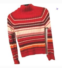 Sweater from late 90s at Rave store in mall. Medium stretch striped ribbed high neck turtle neck sweater. Orange red white striped. Fitted style Retro Ribbed Winter Tops, Casual Striped Turtleneck For Fall, Winter Striped Ribbed Top, Winter Ribbed Striped Top, Casual Fitted Red Turtleneck, Casual Red Fitted Turtleneck, Fitted Winter Tops With 90s Style, Winter Striped Fitted Sweater, Retro Winter Tops With Ribbed Collar