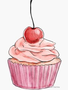 a drawing of a cupcake with a cherry on top