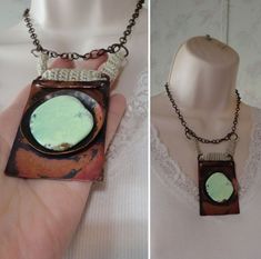 "As shown. One of a kind artisan piece. Handmade. Very nicely made with attention to detail. Unworn with artist's tag attached. A lot of work in this! Hand wrought oxidized copper, hook also. Chrysoprase. Copper plated chain. Hand crochet. Measures approx. 17\" length + 4\" pendant drop. See ruler picture to gauge size. Will come in a gift box." Handmade Earthy Turquoise Necklace For Gift, Handmade Artisan Turquoise Necklace For Healing, Artisan Chrysoprase Necklaces For Jewelry Making, Handmade Artisan Chrysoprase Jewelry, Handmade Bohemian Chrysoprase Turquoise Necklace, Handmade Bohemian Turquoise Chrysoprase Necklace, Handmade Chrysoprase Necklaces In Nature Style, Rustic Turquoise Necklace With Natural Stones For Gift, Hand Forged Green Bohemian Necklace