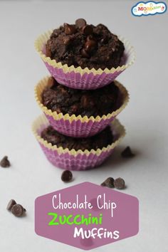 chocolate chip zucchini muffins stacked on top of each other with text overlay