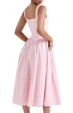 Sweet ribbon is threaded through tonal eyelets along the bodice of this checked midi dress with patch pockets along the playfully flared skirt. Exclusive retailer Back zip closure Square neck Button straps Front patch pockets Lined 77% viscose, 21% polyester, 2% elastane Dry clean Imported Spring Plaid Dress For Garden Party, Gingham Midi Dress For Garden Party, Spring A-line Plaid Dress, Knee-length Gingham Midi Dress For Picnic, Pink Midi Length Dress For Picnic, Pink Midi Dress For Picnic, Pink Fitted Midi Dress For Picnic, Fitted Pink Midi Dress For Picnic, Fitted Pink Plaid Dress For Spring