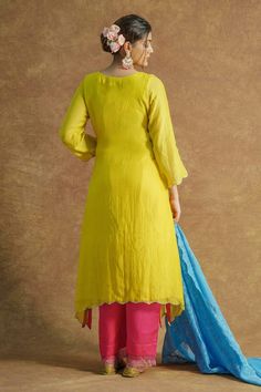 Sunny lemon yellow kurta with zari, thread and cutwork hand embroidery. Comes with hot pink palazzo and a sky blue dupatta. - Aza Fashions Kurta And Dupatta, Kurta And Palazzo, Kurta Palazzo Set, Add Sleeves, Palazzo Set, Party Wear Dresses, Cut Work, Palazzo Pants, Aza Fashion