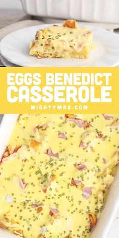 eggs benedict casserole with ham and cheese in a baking dish on a white plate