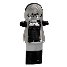 a black and white doll with glasses on it's head, standing in front of a white background