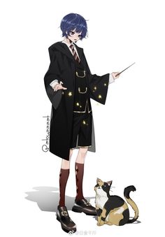 an anime character is standing next to a cat and holding a wand in his hand