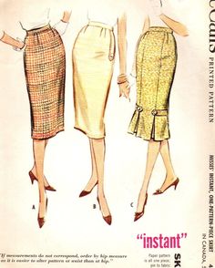 two women's skirts and one woman's blouse are shown in this vintage sewing pattern