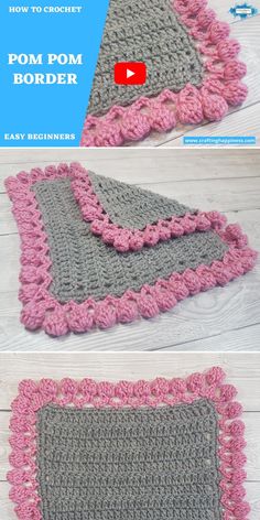 the crochet afghan pattern is shown in three different colors, including gray and pink