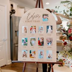 an easel with pictures on it in front of a christmas tree and other decorations