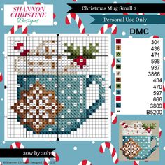 a cross stitch christmas mug with candy canes on it and the pattern is shown