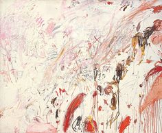 an abstract painting with red, pink and white colors on it's surface is shown