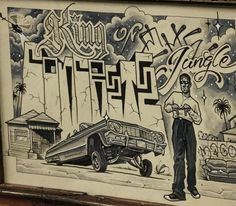 a drawing of a man standing in front of a car with graffiti on it's side