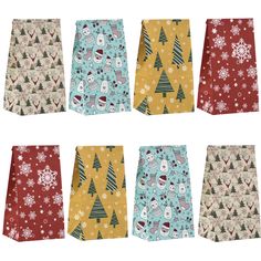 six christmas gift bags with different patterns and designs, all lined up in the same pattern