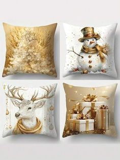 four pillows with christmas decorations on them, including a snowman and reindeer holding presents