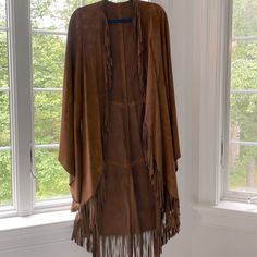 Incredibly Soft Suede. Vintage, But Never Worn With Tags Still On. Perfect Condition Fringe Cape Outerwear For Fall, Fall Fringe Cape Outerwear, Ralph Lauren Purple Label Women, Vintage Ralph Lauren Purple Label, Rugged Brown Suede Outerwear, Vintage Suede Long Sleeve Outerwear, Purple Label, Ralph Lauren Purple Label, Soft Suede