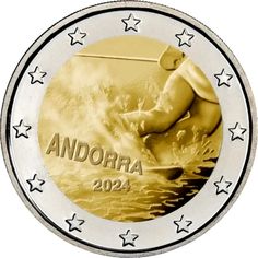 a gold and silver coin with an image of a man in the water