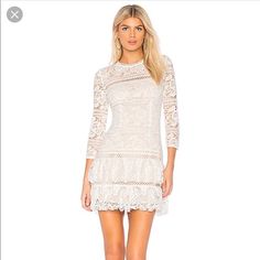 Worn One Time For 2 Hours (For A Wedding Shoot), This Dress Is Perfect For A Bridal Shower Or Engagement Shoot! Note, Brand Size Is A 1, Which Is Similar To Xs Or 0 Chic Mini Lace Dress For Wedding, Long Sleeve Mini Dress With Scalloped Lace For Wedding, Chic Fitted Lace Dress For Wedding, Chic Fitted Lace Wedding Dress, Elegant White Mini Dress With Scalloped Lace, Fitted Mini Lace Wedding Dress, Mini Length Scalloped Lace Wedding Dress, White Long Sleeve Mini Dress For Wedding, White Long Sleeve Lace Cocktail Dress