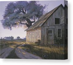 a painting of an old barn with a tree in the foreground and a dirt road leading to it