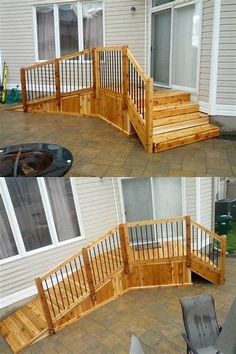 two pictures of a patio with wooden steps and railings on the side of a house