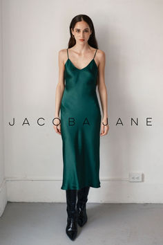 Jacoba Jane's silk satin Classic Slip Dress features a flattering bias cut silk charmeuse which drapes fluidly over your curves. Designed to grace the body, not hug it. Cut from our signature 19 momme silk satin, a substantial silk that feels effortless. Falls just below the knee with adjustable camisole straps.

wedding guest dress jacoba jane Green Silk Slip Dress With Satin Finish, Green Silk V-neck Slip Dress, Green Satin Midi Length Slip Dress, Green Satin Slip Dress Midi Length, Green Satin Midi Slip Dress, Chic Green Silk Dress With Bias Cut, Silk Satin Dress With Bias Cut For Date Night, Silk Satin Bias-cut Dress For Date Night, Green Silk Slip Dress For Date Night