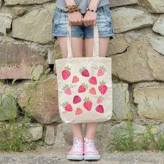 "Adorable Canvas tote for the beach, store, farmers market or any adventure. Cute Cottage Core Strawberry print, a perfect gift for garden lovers, nature lovers and anyone that loves a cute reusable tote for shopping! These Port Authority® personalized tote bags measure 15.75\"h x 15.25\"w and with a handle length of 21.5\", these strawberry tote bags are with 100% cotton sheeting. Add their reinforced handle stitching to the mix, and you got a reliable bag rich in both practicality and durability. .: Material: 100% cotton sheeting .: One size .: Lightweight and compact  .: Handle Length: 21.5\" (54.61cm)" Casual Canvas Bag Gift For Summer, Summer Casual Canvas Bag Gift, Casual Summer Canvas Bag Gift, Casual Canvas Bag For Summer Gift, Casual Canvas Bag As Summer Gift, Summer Style Cotton Canvas Bag For Gift, Casual Natural Canvas Bag For Gifts, Teacher Tote Bag, Classroom Teacher