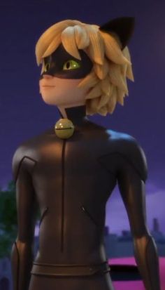 an animated catwoman standing in front of a purple sky