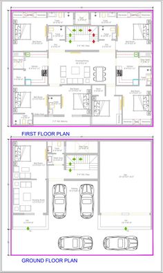 the floor plan for a two story house with three cars parked in front of it