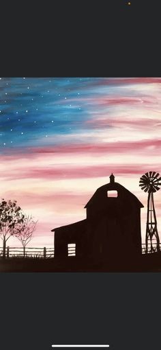 a painting of a barn with a windmill in the foreground and stars in the sky