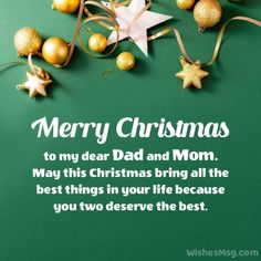 merry christmas card for dad and mom with golden baubs on the green background