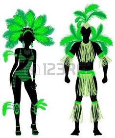 two silhouettes of native american people in green and black clothing with feathers on their head