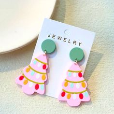 Pink Christmas Tree Dangle Earrings. Super Cute!! Pink Earrings For Christmas Gift, Clay Earrings Christmas, Clay Earrings Christmas Design, Holiday Clay Earrings, Christmas Sweater Earrings, Christmas Tree Polymer Clay Earrings, Pink Christmas Clay Earrings, Christmas Clay Earrings, Christmas Tree Earrings Clay