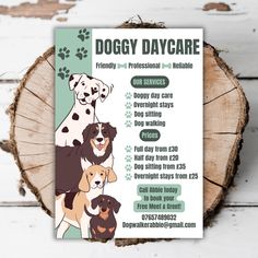 a dogy day care flyer on top of a piece of wood