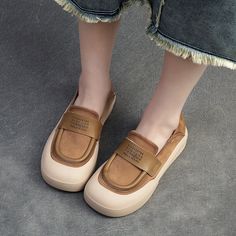 Gender: Women Type: Casual Shoes Main Materials: Cowhide Insole: Pigskin Sole: Rubber Type of Closure: Slip-on Style: Daily, Casual, Retro Season: Spring, Autumn Heel Height: Low (3.5 cm) Beige Closed Toe Loafers With Cushioned Footbed, Spring Brown Platform Loafers With Leather Footbed, Leather Platform Slip-ons, Beige Round Toe Loafers With Rubber Sole, Comfortable Brown Round Toe Loafers, Casual Brown Platform Loafers With Textured Sole, Brown Platform Loafers For Spring, Casual Leather Platform Slip-ons, Beige Cushioned Closed Toe Loafers