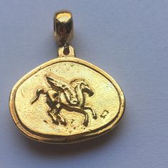 a gold pendant with an image of a horse on it's side, in front of a blue background