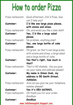 a green and white poster with words on it that say how to order pizza