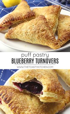 puff pastry blueberry turnoverers on a white plate