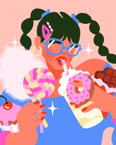 a woman in glasses eating a donut and holding a lollipop